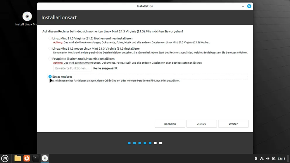 Linux Mint Installation, Wahl der Partitionierungsoption LMinstOptPart
