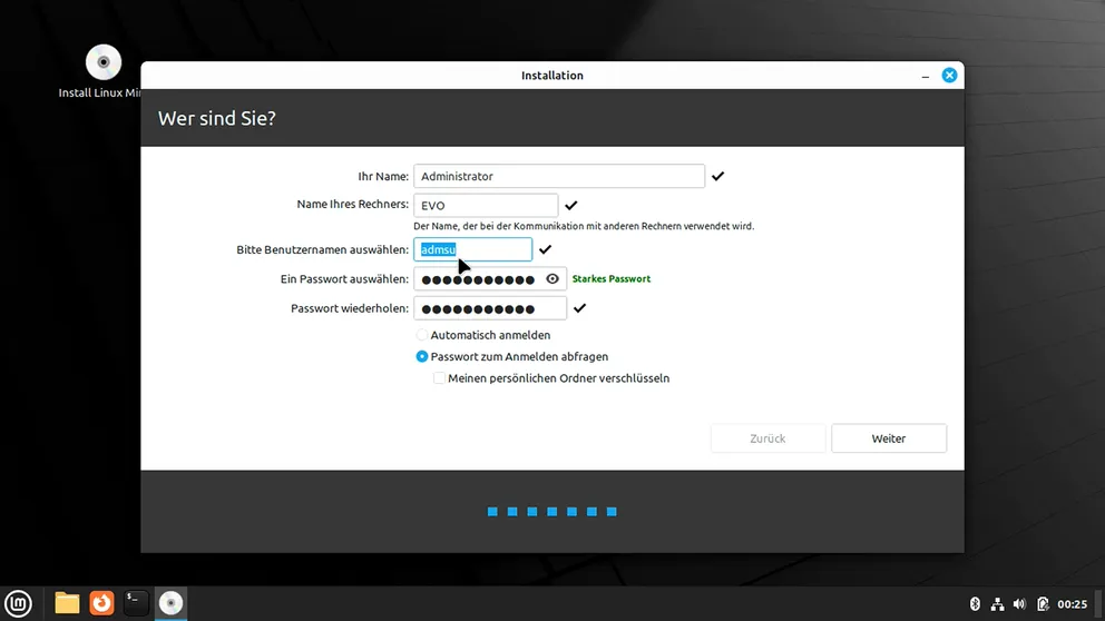 Linux Mint Installation, Konfiguration des Bentzernamens LinuxMintdesktopInstImg