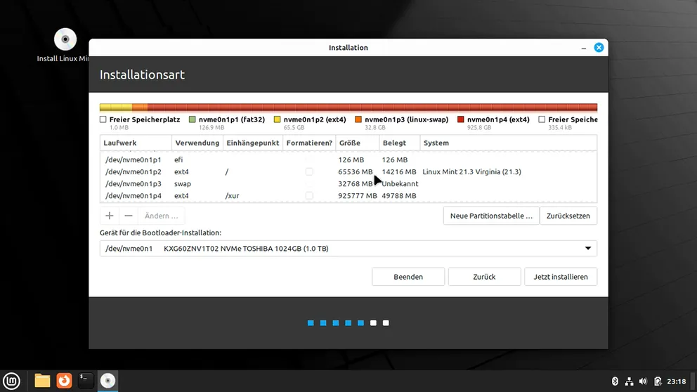 Linux Mint Installation, Partition des Massenspeichers LinuxMintdesktopInstImg