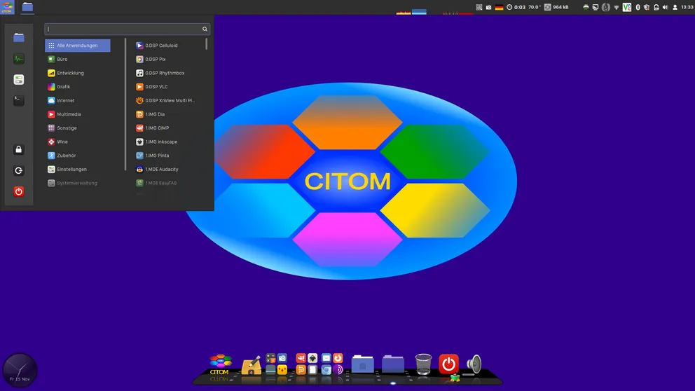 COA-OSde Desktop mit eingeblendeter oberer Leiste COA-OSde Desktop GUI oberer Leiste